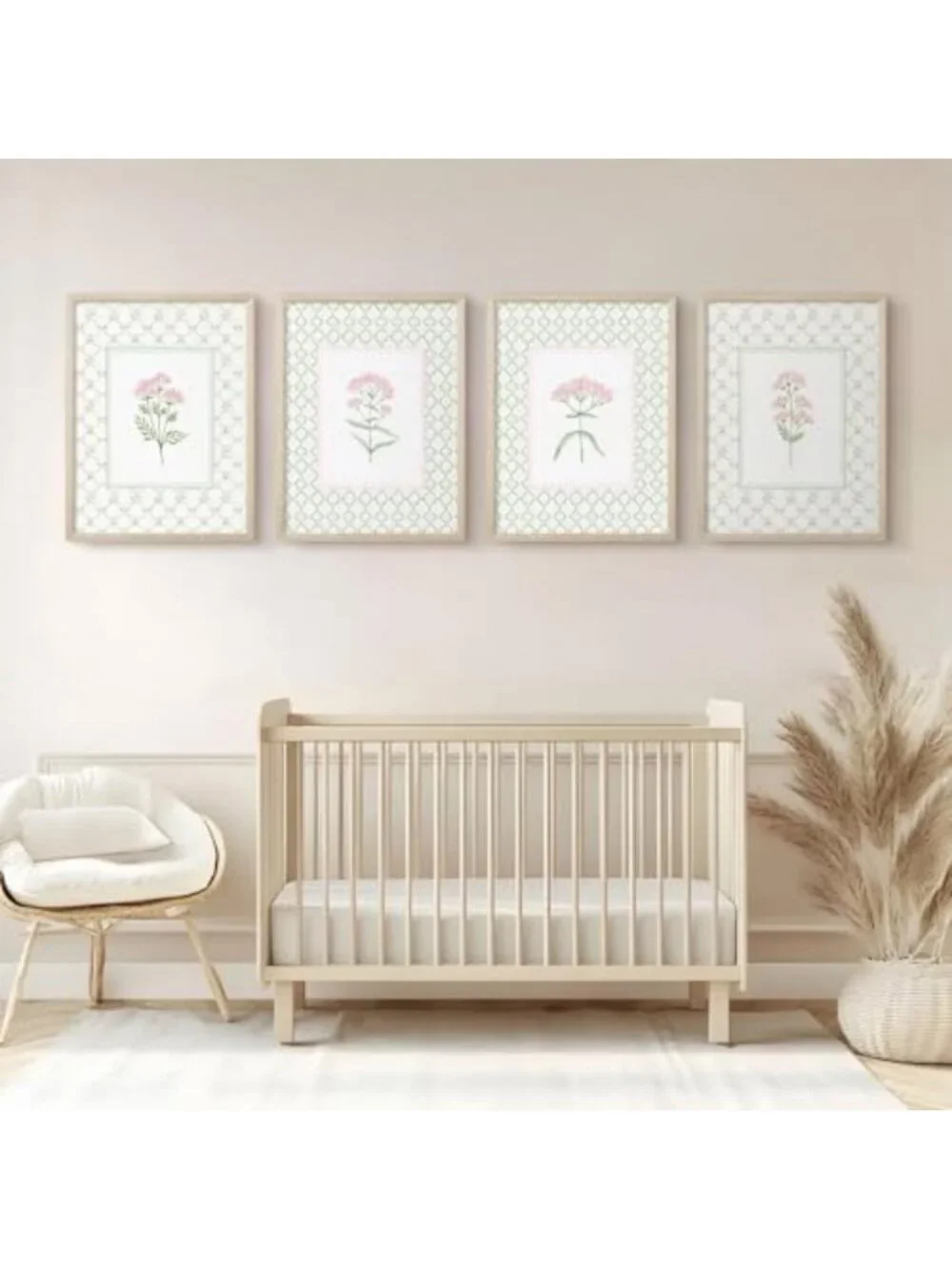 Floral Nursery Wall Art - Wildflower Canvas Decor for Baby Room, Pink & Green